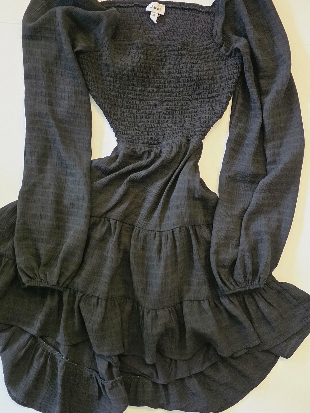 Lane 201 Black Smocked Long-Sleeve Mini Dress